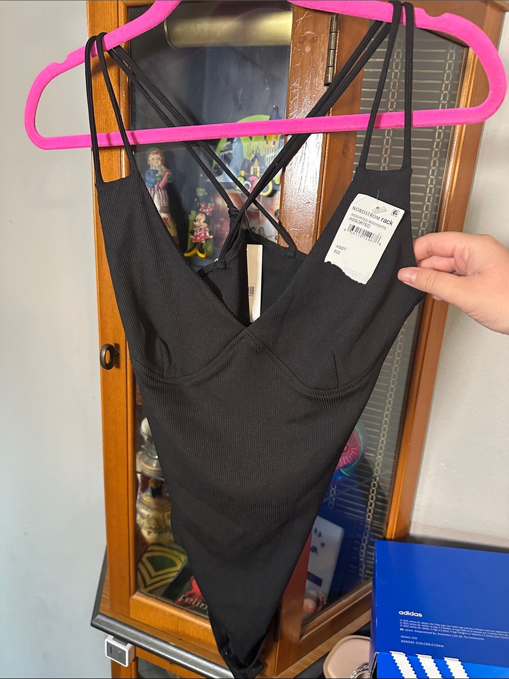 Black Ribbed V-Neck Strappy Bodysuit